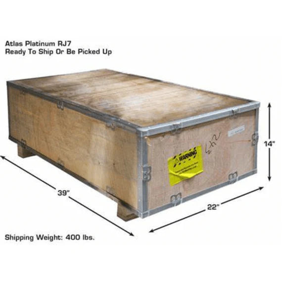 Wooden shipping crate for Atlas RJ7000 rolling jack with labeled dimensions and 400 lb shipping weight