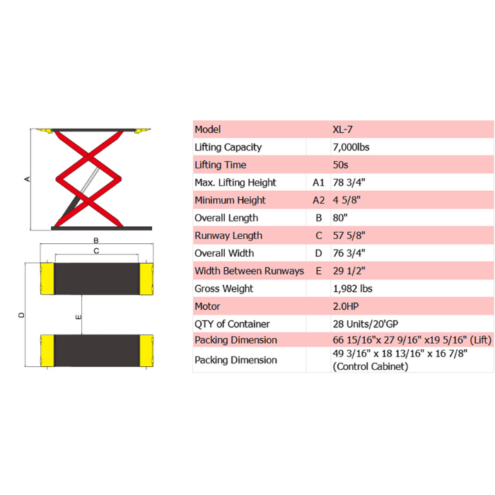 XL-7 spec drawing and dimensions chart