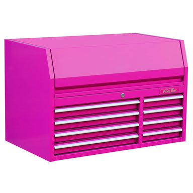 Angled view of pink 8 drawer tool chest