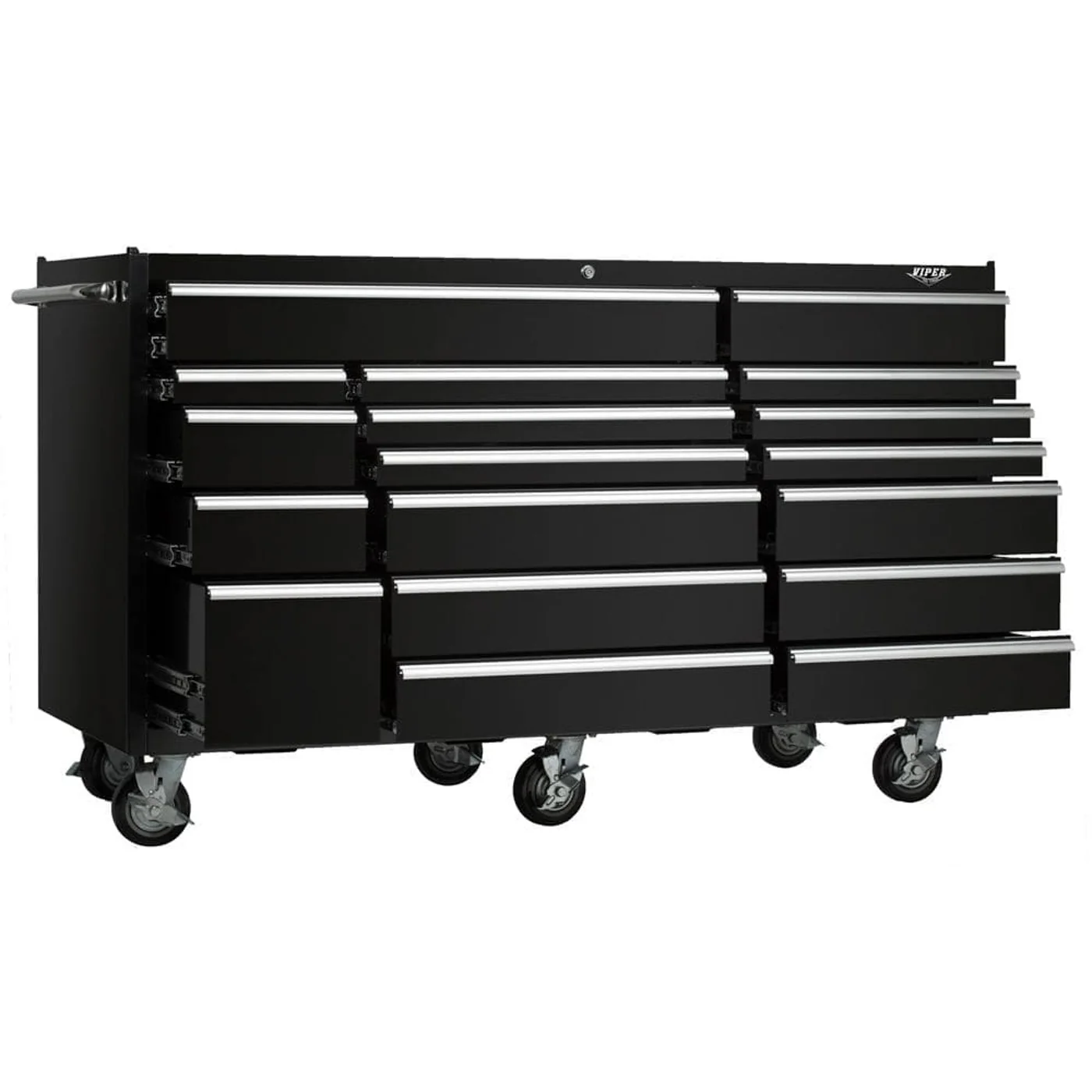 black 72 inch rolling cabinet with drawers open and side view of depth