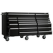 black 72 inch rolling cabinet with drawers open and side view of depth