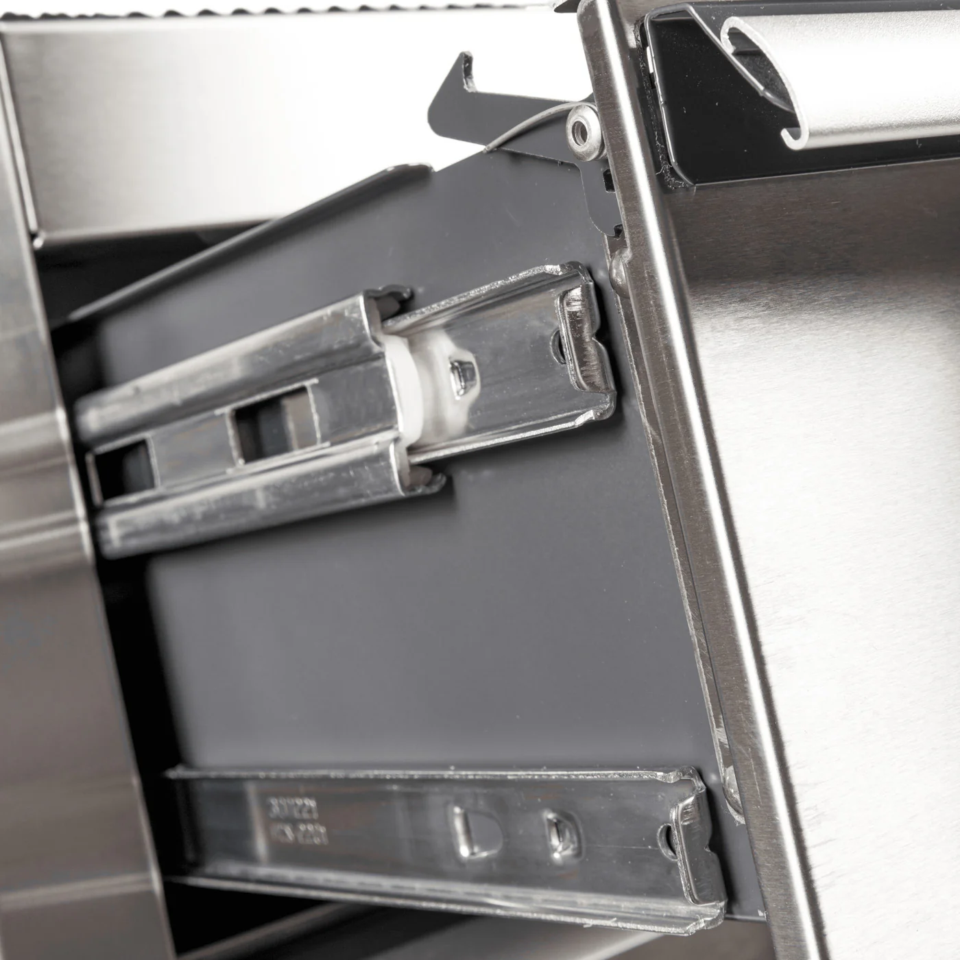 close up of full extension drawer slide on 41 inch stainless tool cabinet
