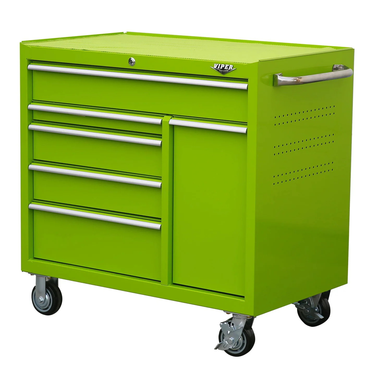 close up of lime green viper rolling cabinet side handle and perforated panel