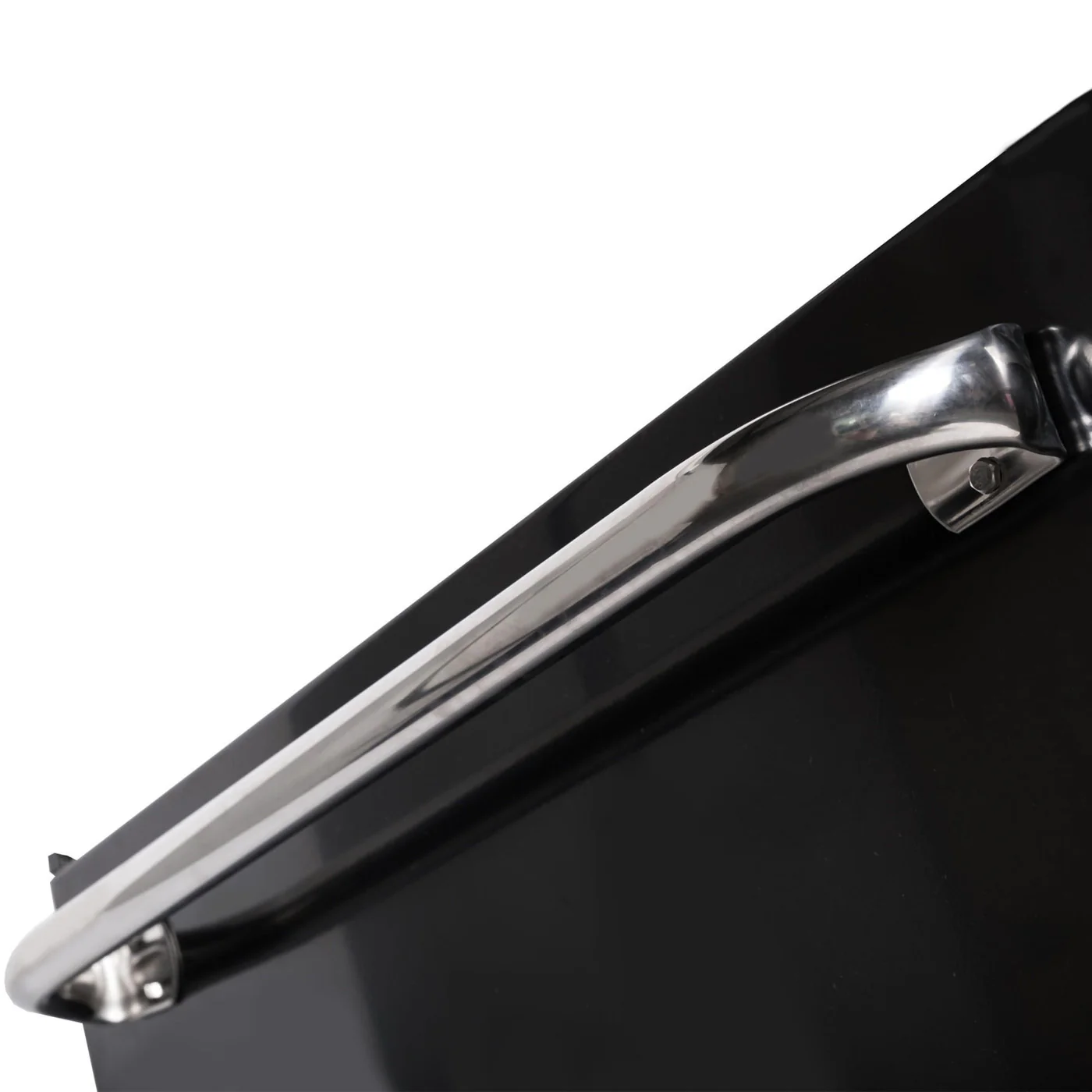 close up of viper tool cabinet chrome side handle on black powder coated frame
