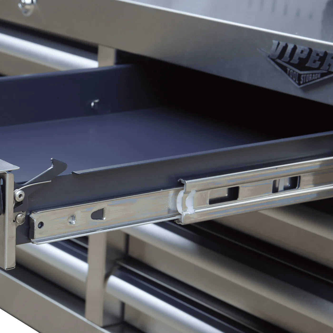 Close-up of Viper Tool Storage drawer slide mechanism on V4108SSC top chest