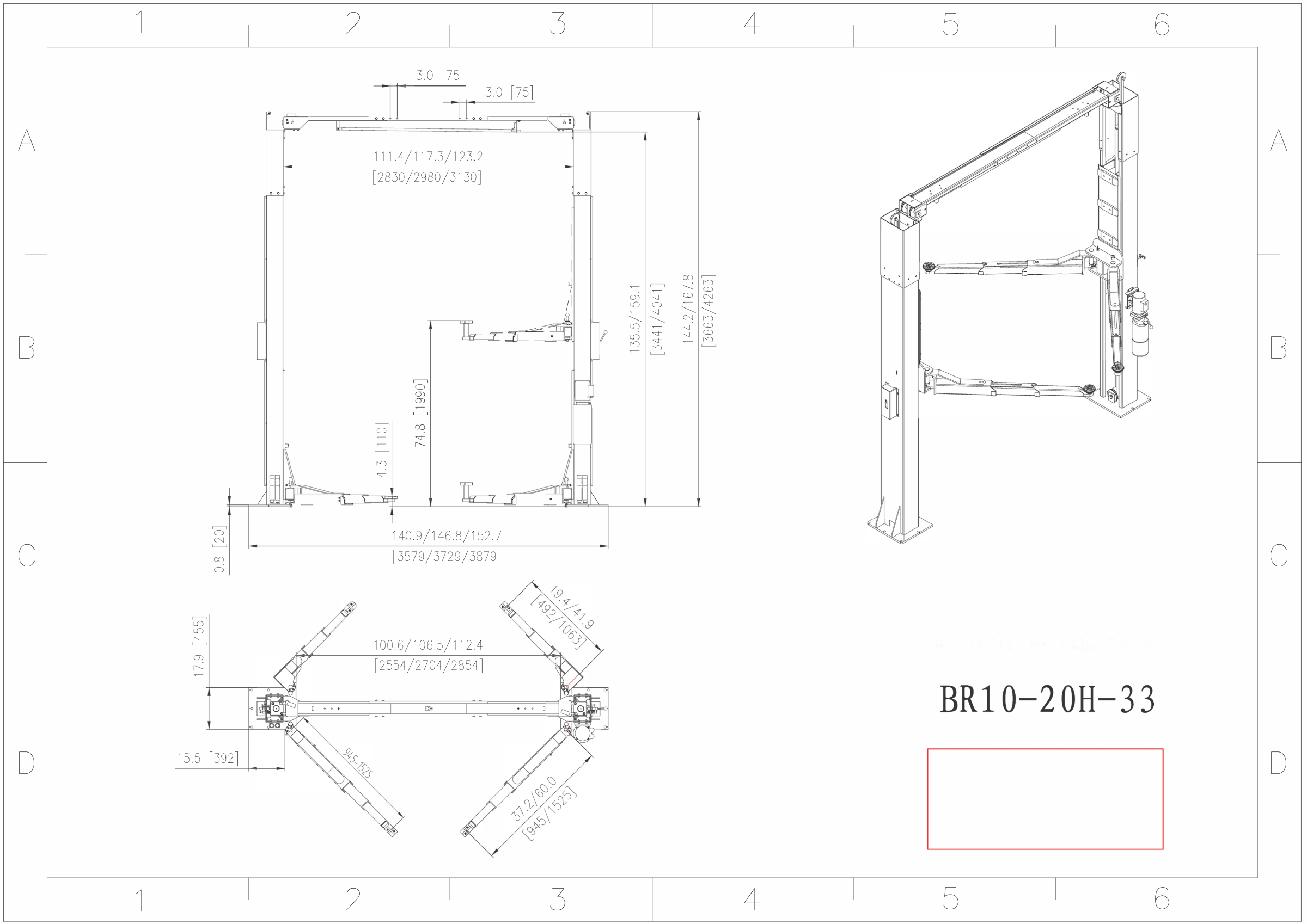 Daytona BR10-2OH-33 dimensional blueprint showing 144.2 inch overall height, 140.9 to 152.7 inch adjustable width, and 74.8 inch maximum lifting height