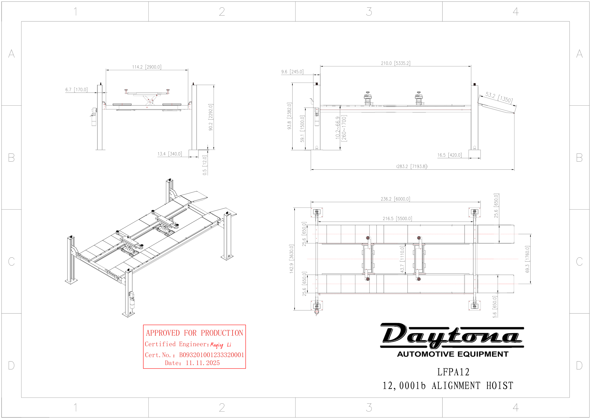 Daytona LFPA12 engineer stamped dimensional blueprint