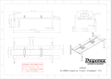 Daytona LFPA24 engineer stamped dimensional blueprint: 330.5 inch overall length, 155.1 inch overall width, 10.2 to 66.9 inch rise