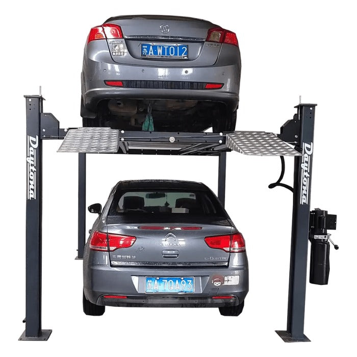 Daytona LFPP10 parking lift with two cars stacked, rear view