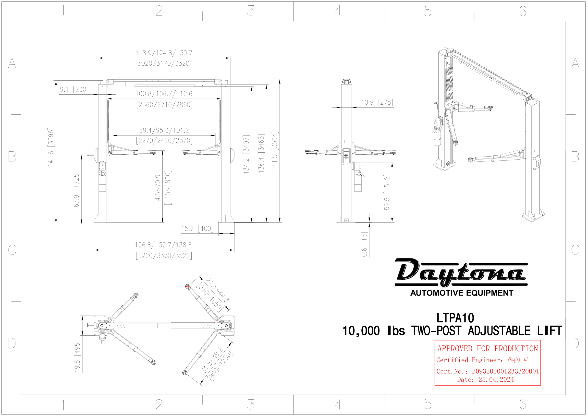 Daytona LTPA10 engineer stamped dimensional blueprint: 141.5 inch overall height, 126.8 to 138.6 inch overall width, 89.4 to 101.2 inch drive-thru clearance
