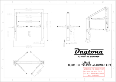 Daytona LTPA12 engineer stamped dimensional blueprint: 141.7 inch overall height, 150.3 to 162.1 inch overall width, 107.0 to 118.8 inch drive-thru clearance