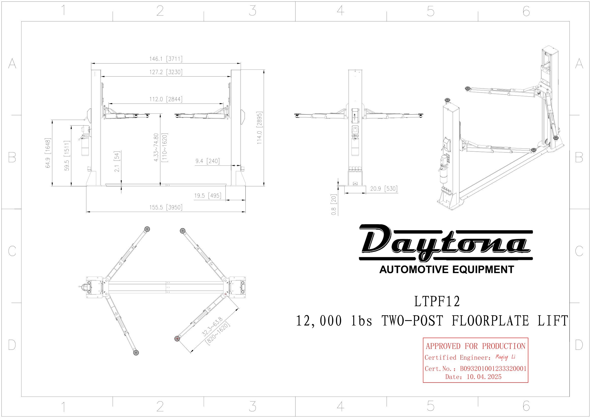 Daytona LTPF12 engineer stamped dimensional blueprint: 114.0 inch overall height, 155.5 inch overall width, 112.0 inch drive-thru clearance