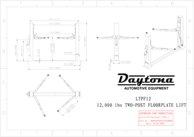 Daytona LTPF12 engineer stamped dimensional blueprint: 114.0 inch overall height, 155.5 inch overall width, 112.0 inch drive-thru clearance