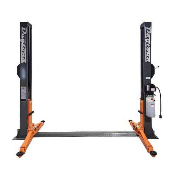 Daytona LTPF12 12,000 lb two post floorplate lift with floor plate between the columns