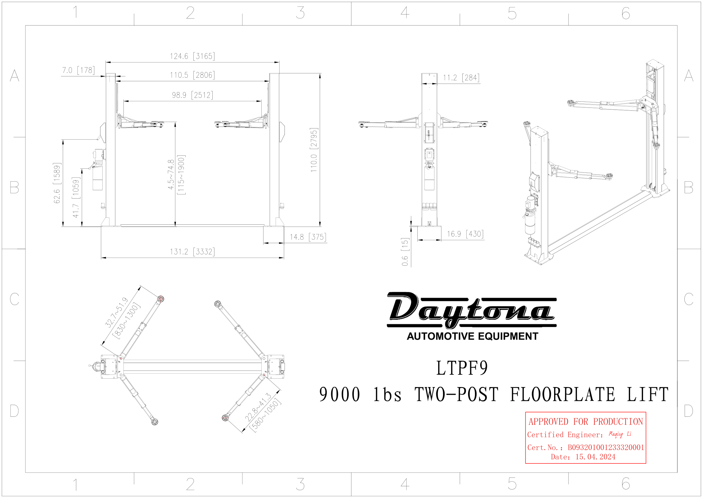 Daytona LTPF9 engineer stamped dimensional blueprint: 110.0 inch overall height, 131.2 inch overall width, 98.9 inch drive-thru clearance