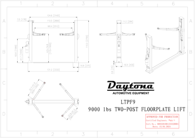 Daytona LTPF9 engineer stamped dimensional blueprint: 110.0 inch overall height, 131.2 inch overall width, 98.9 inch drive-thru clearance
