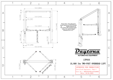 Daytona LTPO15 engineer stamped dimensional blueprint: 176.8 inch overall height with height extension kit, 163.0 inch floor width, 119.2 inch drive-thru