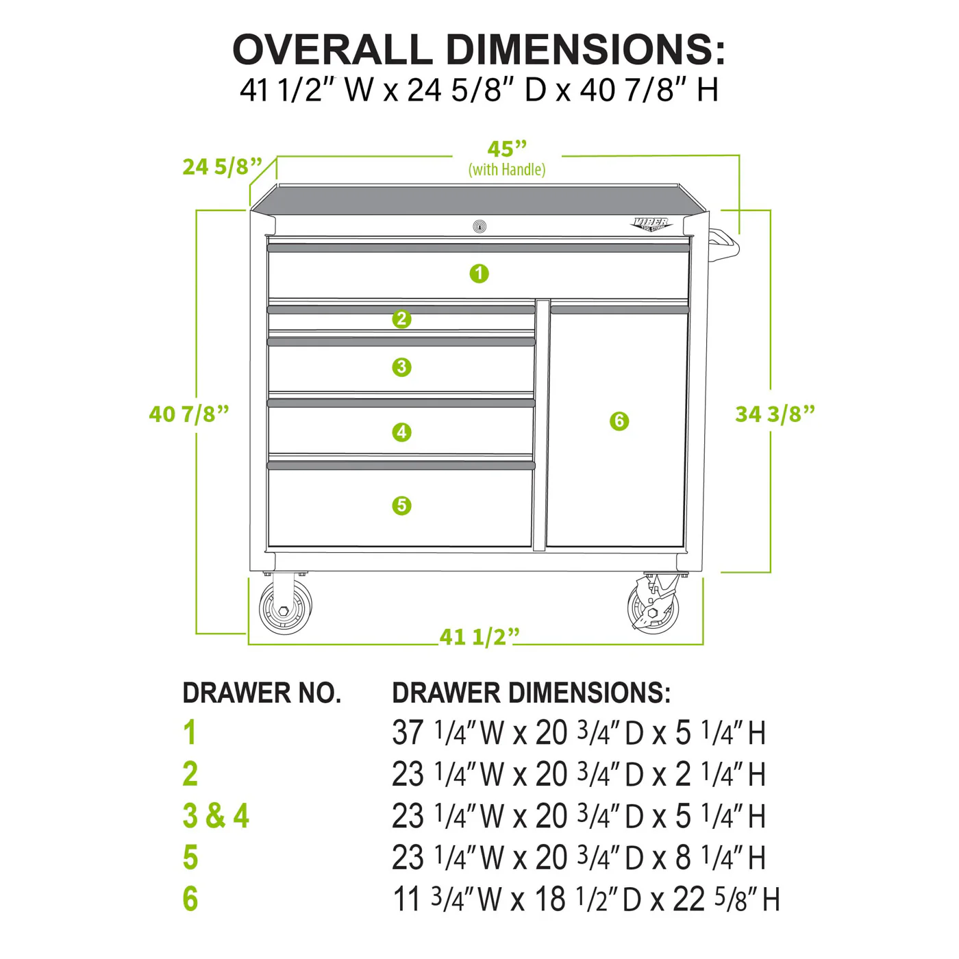 dimension diagram of 41 inch 6 drawer rolling cabinet with labeled drawer sizes