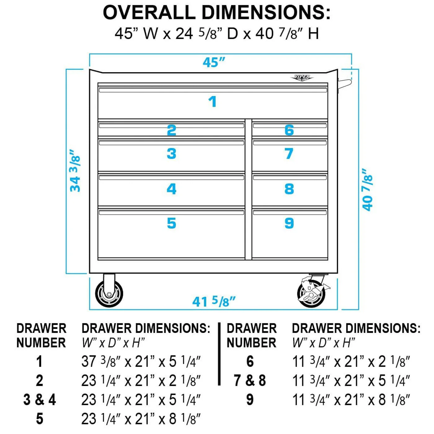 dimension diagram of 41 inch 9 drawer stainless rolling cabinet with labeled drawers