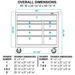 dimension diagram of 41 inch 9 drawer stainless rolling cabinet with labeled drawers