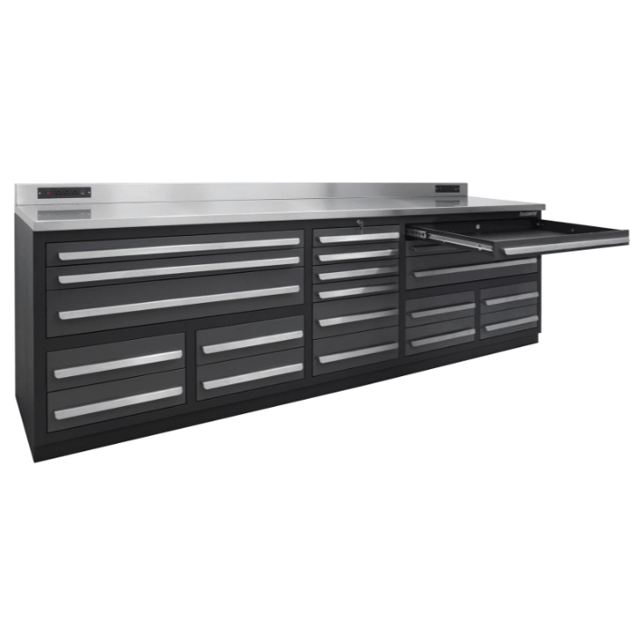 extended pull-out tray workspace on the gray Dragonfire Pro Series 9FT bench, DFT-WB-20 with long drawer configuration