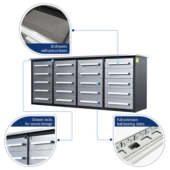 ft garage workbench with 1.2 inch steel top, aluminum drawer handles, and galvanized steel frame features highlighted