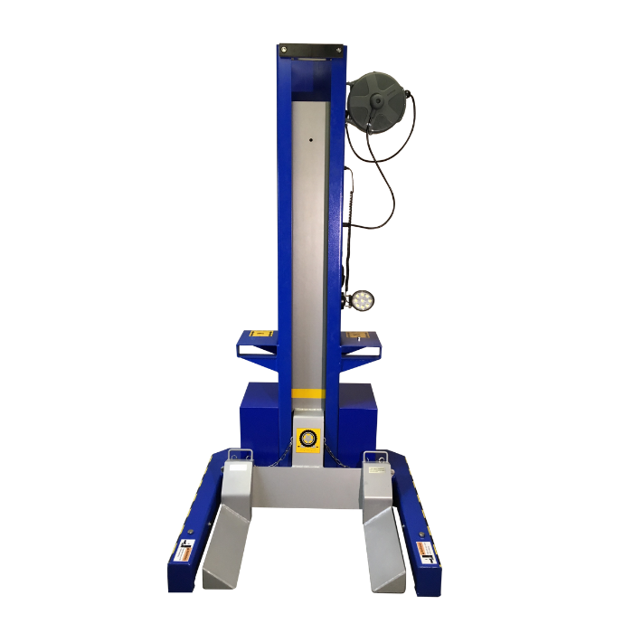 iDEAL MSC-18K-X-472 Mobile Column Lift base view showing reinforced wheel supports and safety chain assembly
