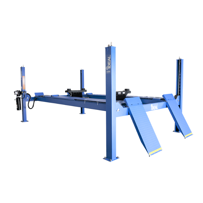 iDEAL FP14KAC-X 4-post alignment lift shown empty with dual runways and ramps.