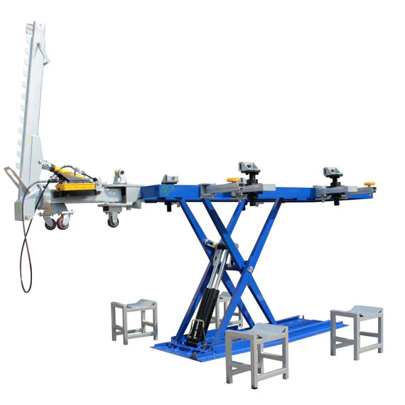iDEAL FR-55 Scissor Frame Rack fully raised with hydraulic cylinders and vehicle support stands