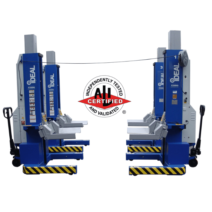 iDEAL MSC-18K-X-472 Mobile Column Lifts shown in ALI certified configuration with paired lift columns and certification seal