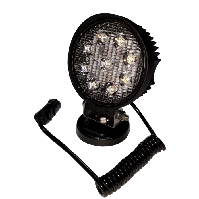 iDEAL MSC-18K-X-472 round LED work light close-up with magnetic mount and coiled power cord