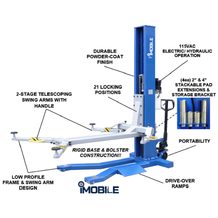 iDEAL MSC-6KLP single post lift features diagram with specifications labeled
