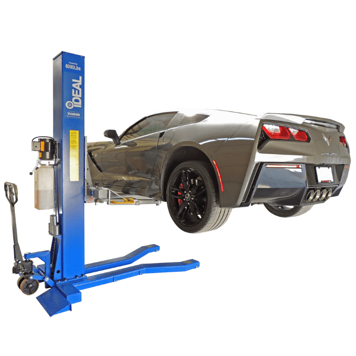 iDEAL MSC-6KLP single post lift raising Corvette with swing arms attached