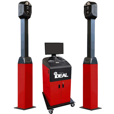 iDEAL heavy-duty wheel aligner system with red cabinet and dual camera towers