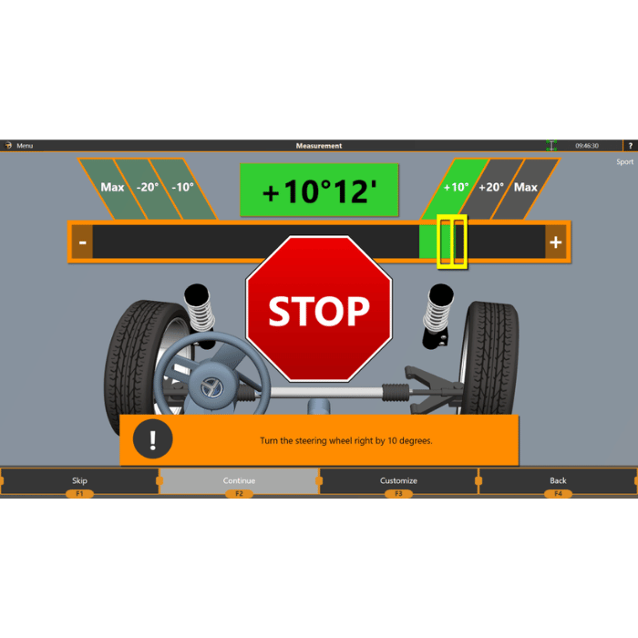 iDEAL wheel alignment system steering measurement screen with stop sign prompt