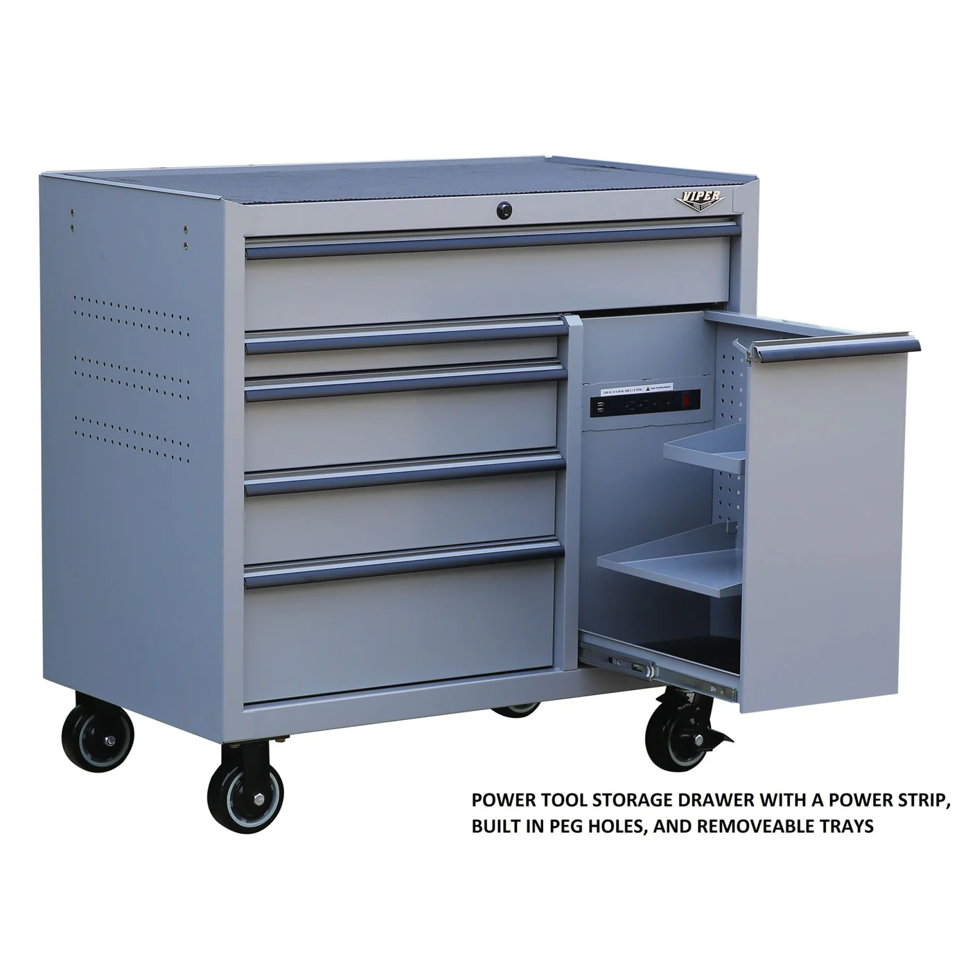 open power tool drawer with built in power strip trays and peg holes