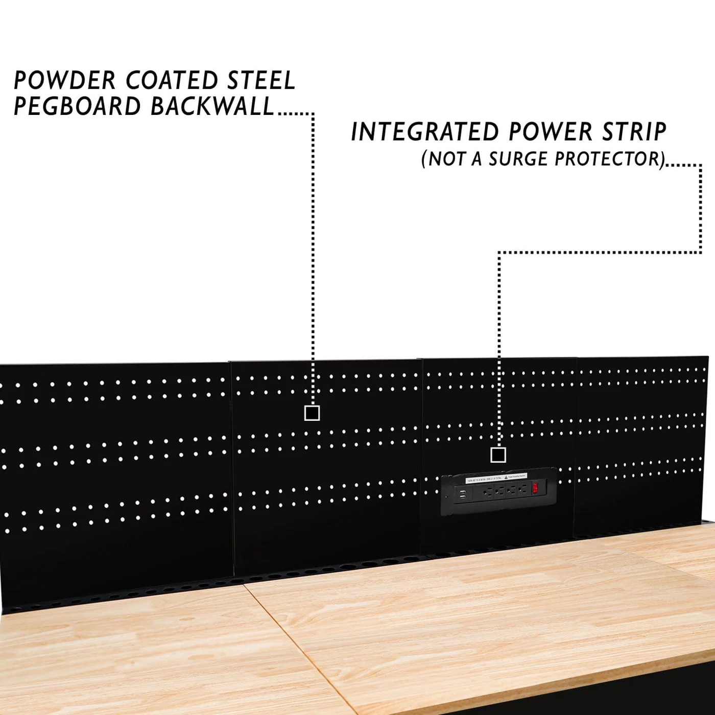 pegboard backwall with integrated power strip on workstation