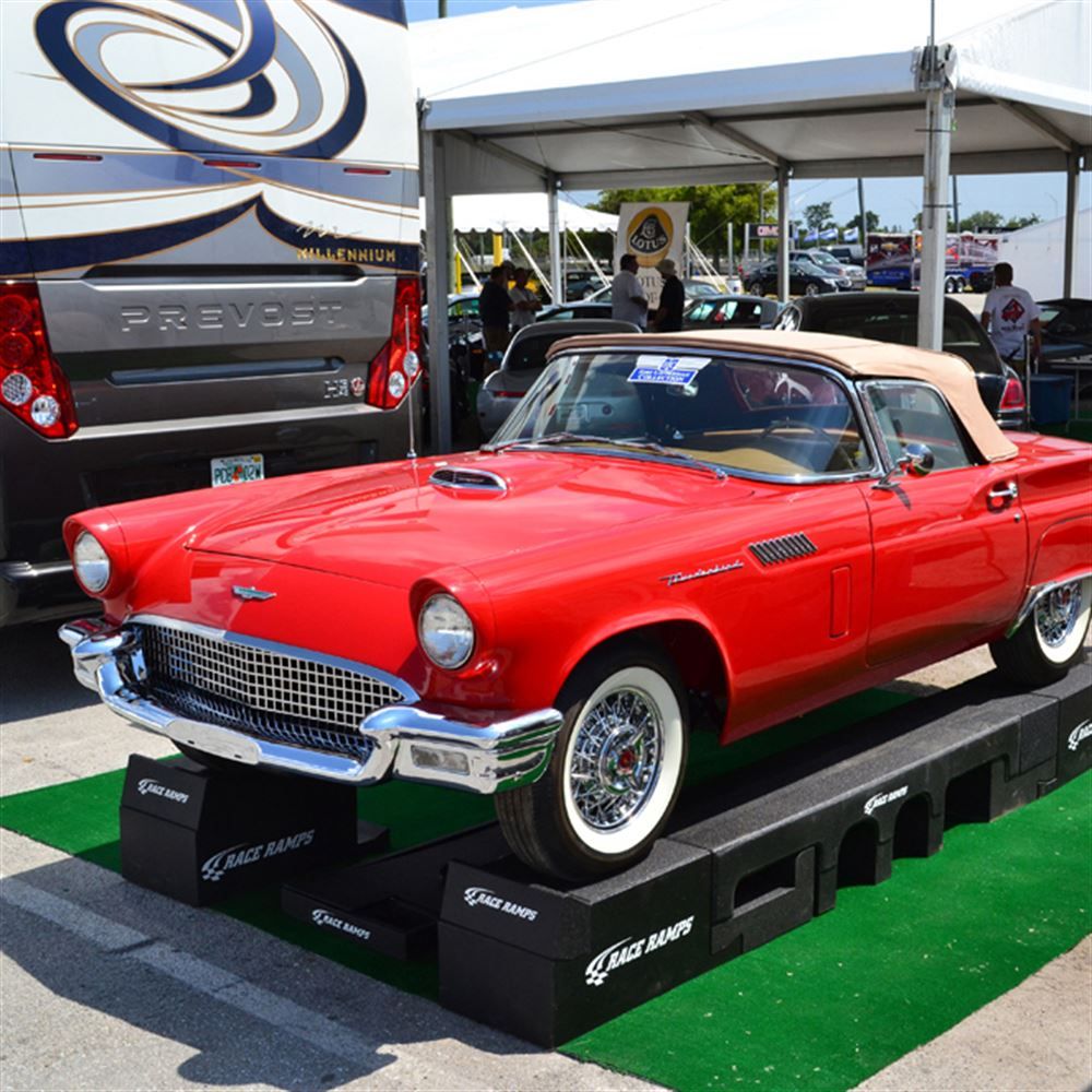 Classic Thunderbird displayed on Race Ramps Portable Pit Stop Ramps