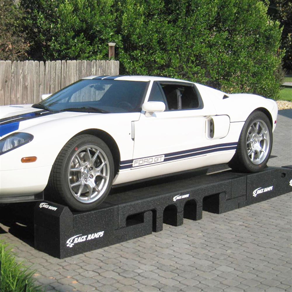 Ford GT raised on Race Ramps Portable Pit Stop Ramps