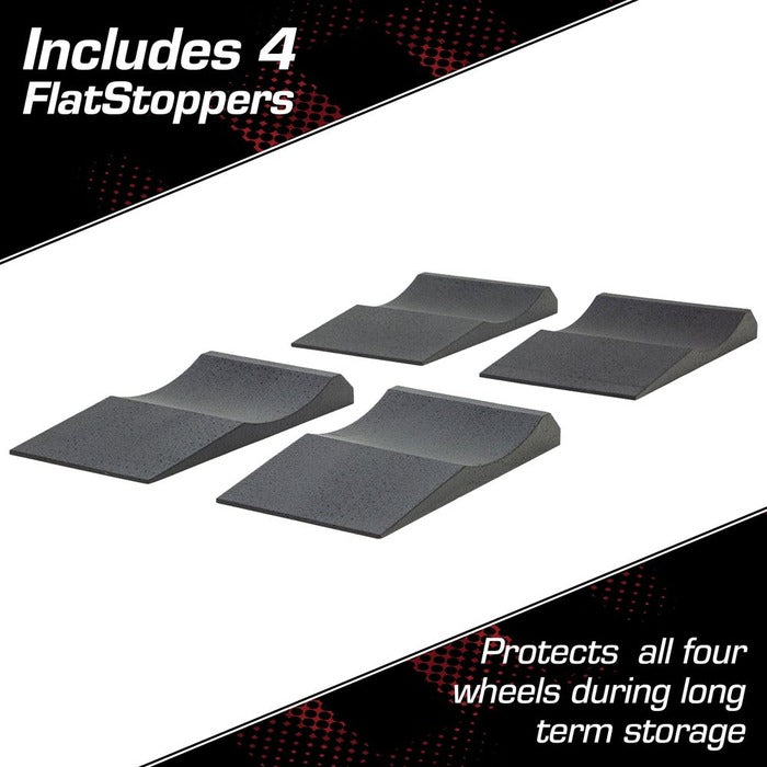 Set includes four FlatStoppers to protect all four wheels in storage