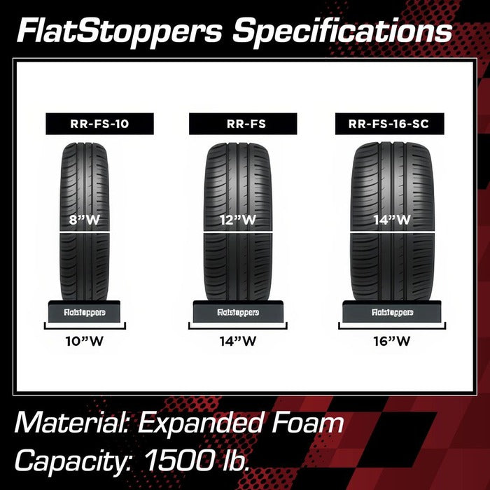 FlatStoppers size chart, RR-FS-10 for 8 inch tires, RR-FS for 12 inch, RR-FS-16-SC for 14 inch