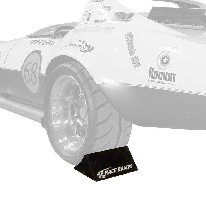 Race Ramps Racer Chock in use behind a race car tire