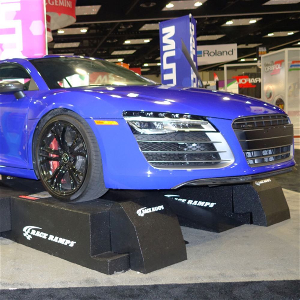Wrapped Audi R8 displayed on Race Ramps Restyler Ramps