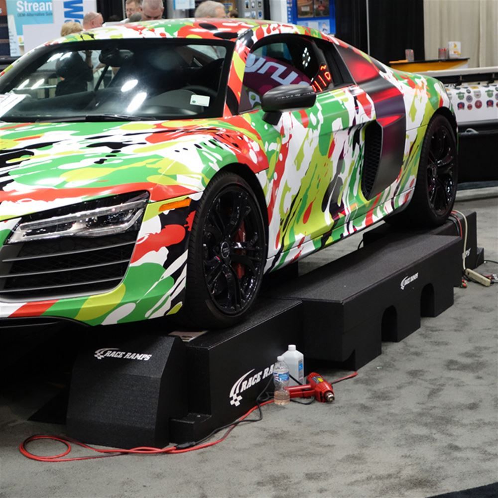 Fully wrapped show car on Race Ramps Restyler Ramps