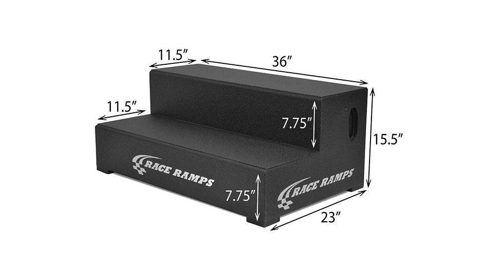 Race Ramps RR-2STEP-36 dimensions, 36 inches wide with two 7.75 inch steps to a 15.5 inch platform