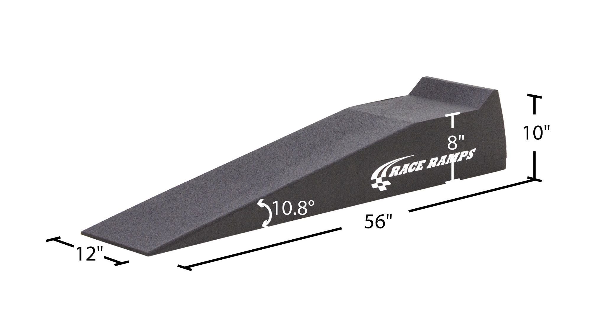 Race Ramps 56 inch ramp dimensions, 56 inches long by 12 inches wide with 8 inch lift and 10.8 degree approach
