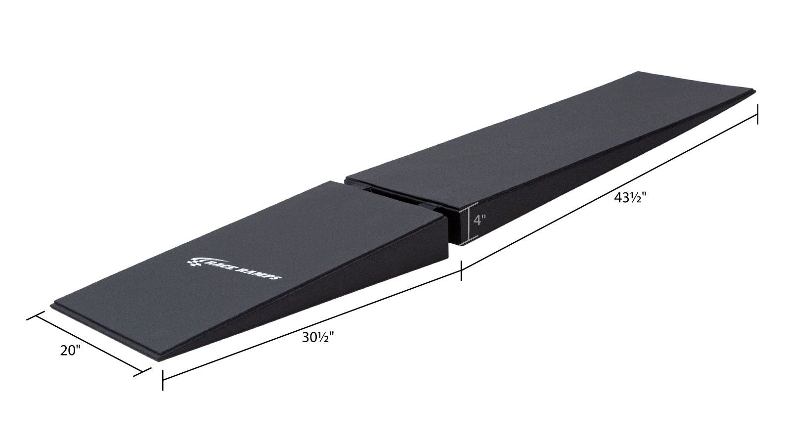Race Ramps RR-EX-20 dimensions, 20 inches wide with a 30.5 inch fold section and a 43.5 inch ramp section, 4 inches high at the joint