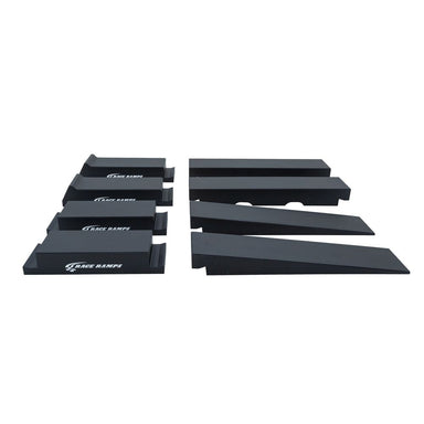 All eight interlocking pieces of the Race Ramps Portable Pro Lift Ramp set
