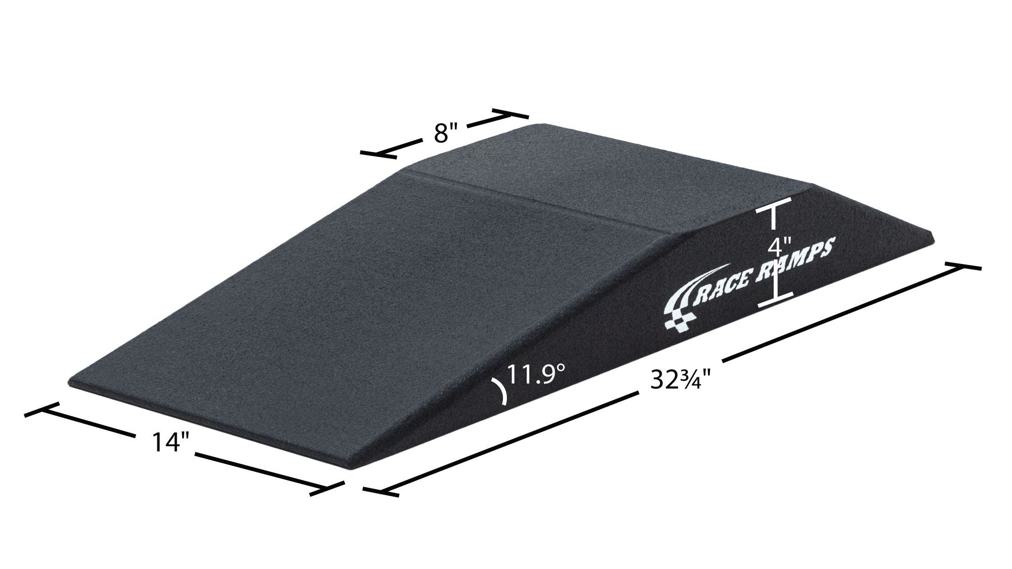 Race Ramps RR-RU dimensions, 32.75 inch long by 14 inch wide with 4 inch lift and 11.9 degree approach