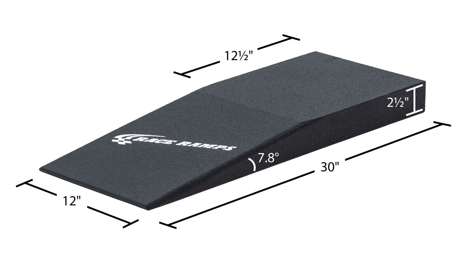 Race Ramps RR-SCALE-2 dimensions, 30 inches long by 12 inches wide with 2.5 inch lift and 7.8 degree approach